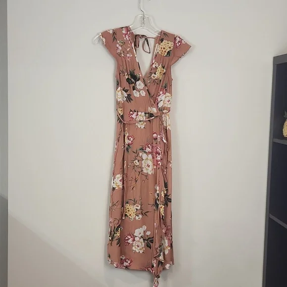 Band of Gypsies Dresses | Band of Gypsies Blush Multi Floral Faux Wrap Dress with Ruffle Detail | Color: Green/Pink | Size: Xs | Cristinapfeifer's